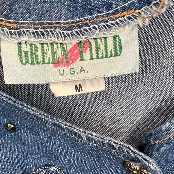 Vintage Green Field Denim Chambray Dress Rhinestones Studs Embroidery Flowers MD - Picture 6 of 8